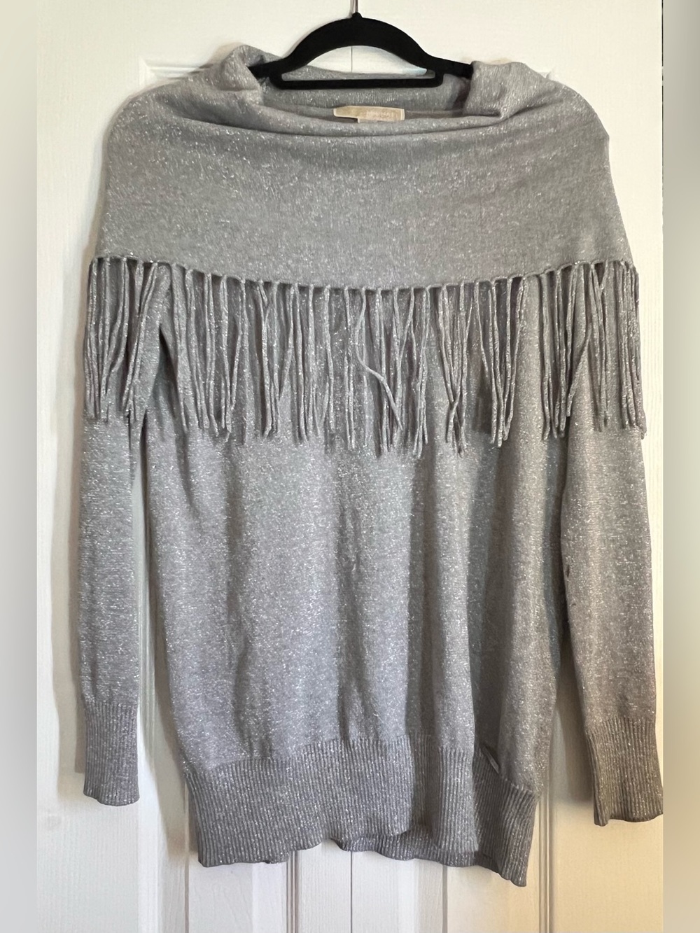 Michael Kors Silver Metallic Fringe Off-the-Shoulder Sweater